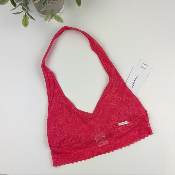 Calvin Klein Bare Lace Halter Bralette QF4044 Hot Pink Size Medium - Picture 1 of 3